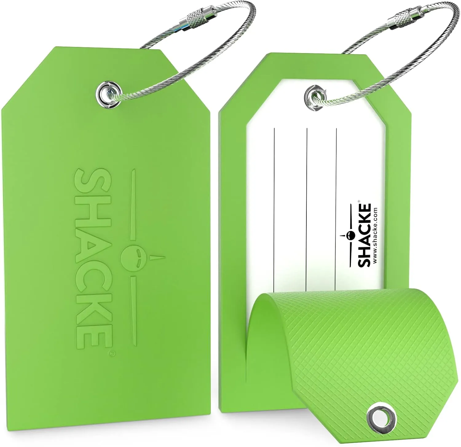 Shacke Large Luggage Tags (2pcs) with Privacy Cover and Steel Loops (Green)