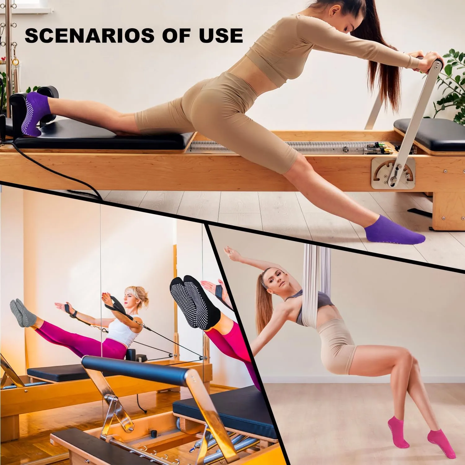 SkiBeaut Pilates Women Socks, 4 pairs Non Slip Grips Yoga Ballet Dance Hospital Grippers Sticky Socks for Lady