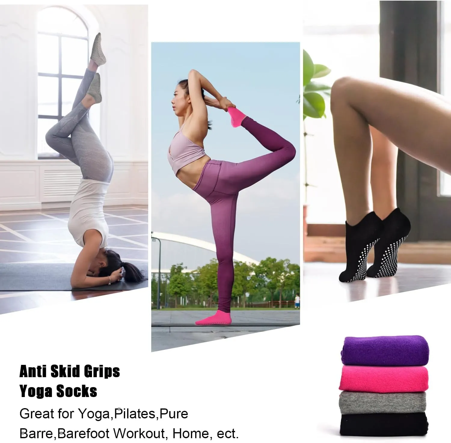 SkiBeaut Pilates Women Socks, 4 pairs Non Slip Grips Yoga Ballet Dance Hospital Grippers Sticky Socks for Lady