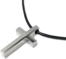 Small Mens Simple Stainless Steel Cross Pendant Necklace 16, 18, 20, 24 or 30 Inch Black Leather Cord