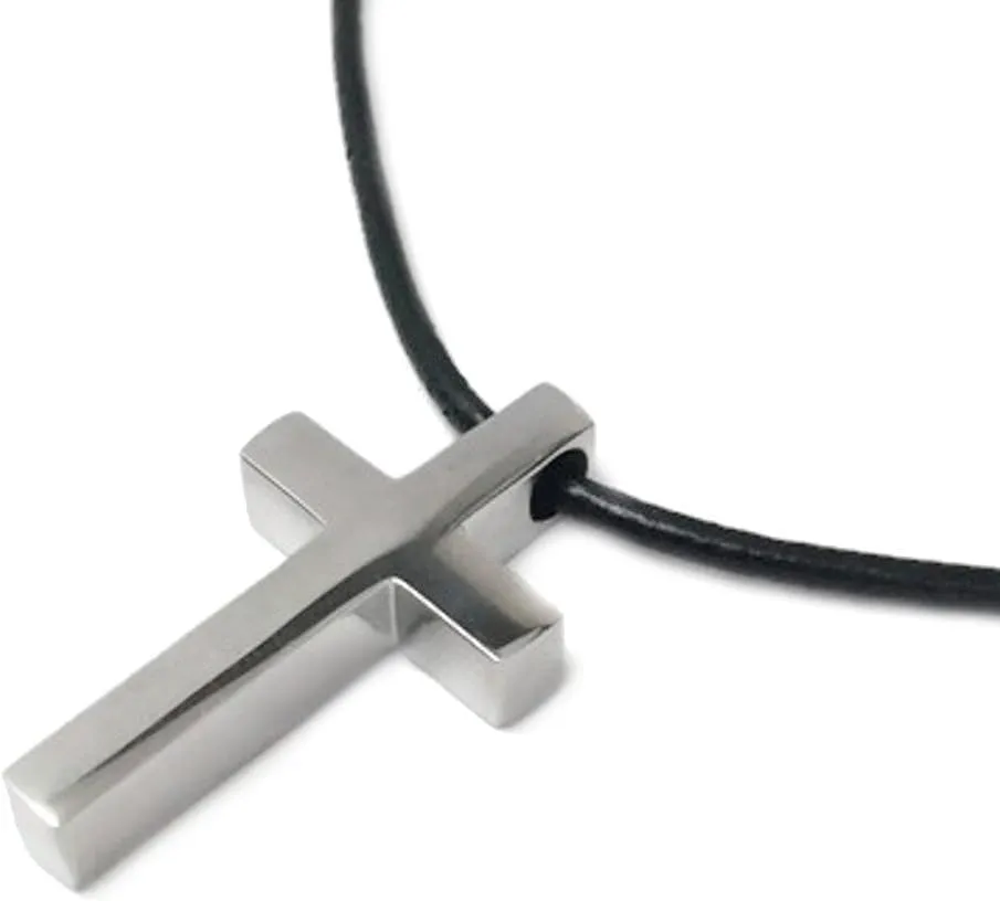 Small Mens Simple Stainless Steel Cross Pendant Necklace 16, 18, 20, 24 or 30 Inch Black Leather Cord