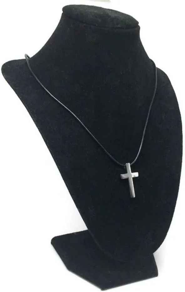 Small Mens Simple Stainless Steel Cross Pendant Necklace 16, 18, 20, 24 or 30 Inch Black Leather Cord