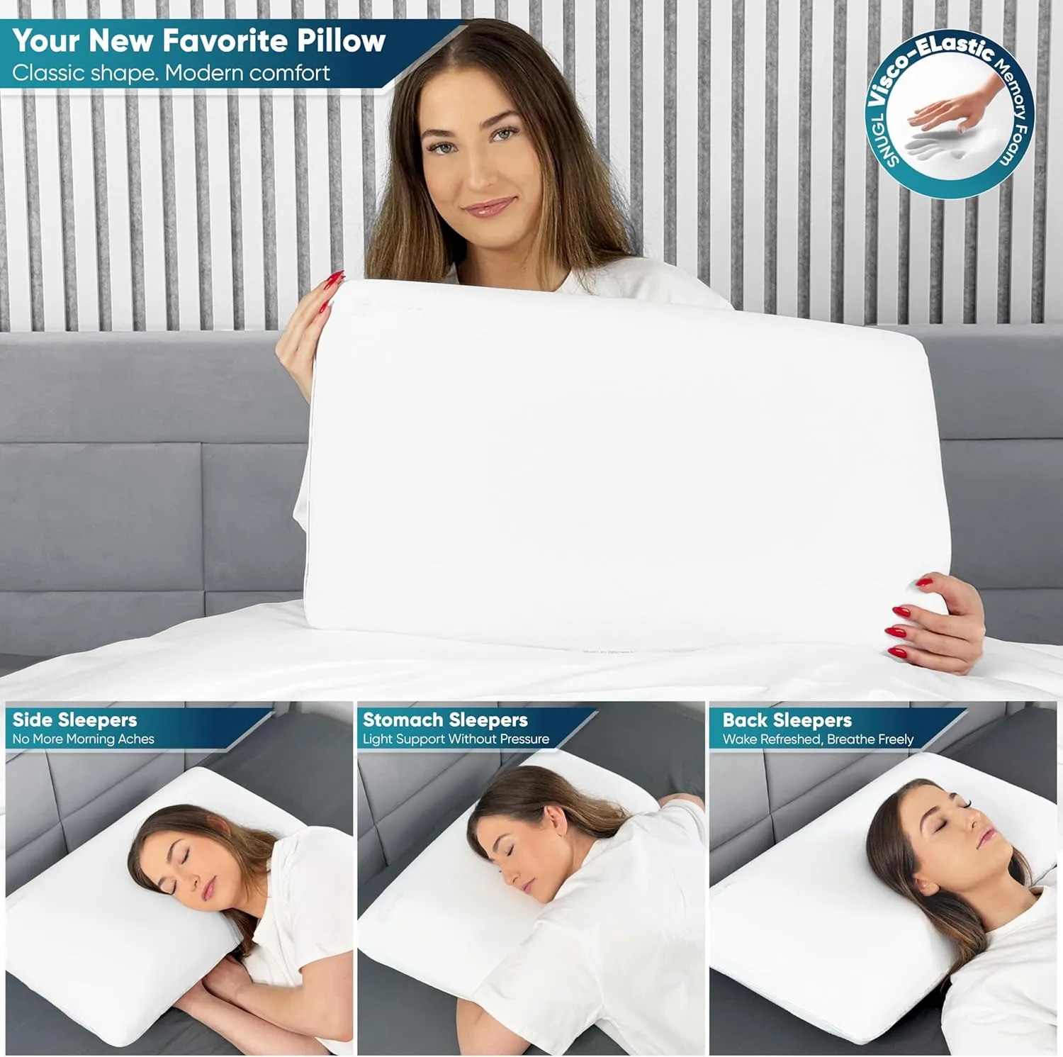 SNUGL Cooling Memory Foam Pillow, Orthopaedic Memory Foam Pillows, Ergonomic Neck Pillow for Side Sleeping, Pillows for Neck and Shoulder Pain (Large White)