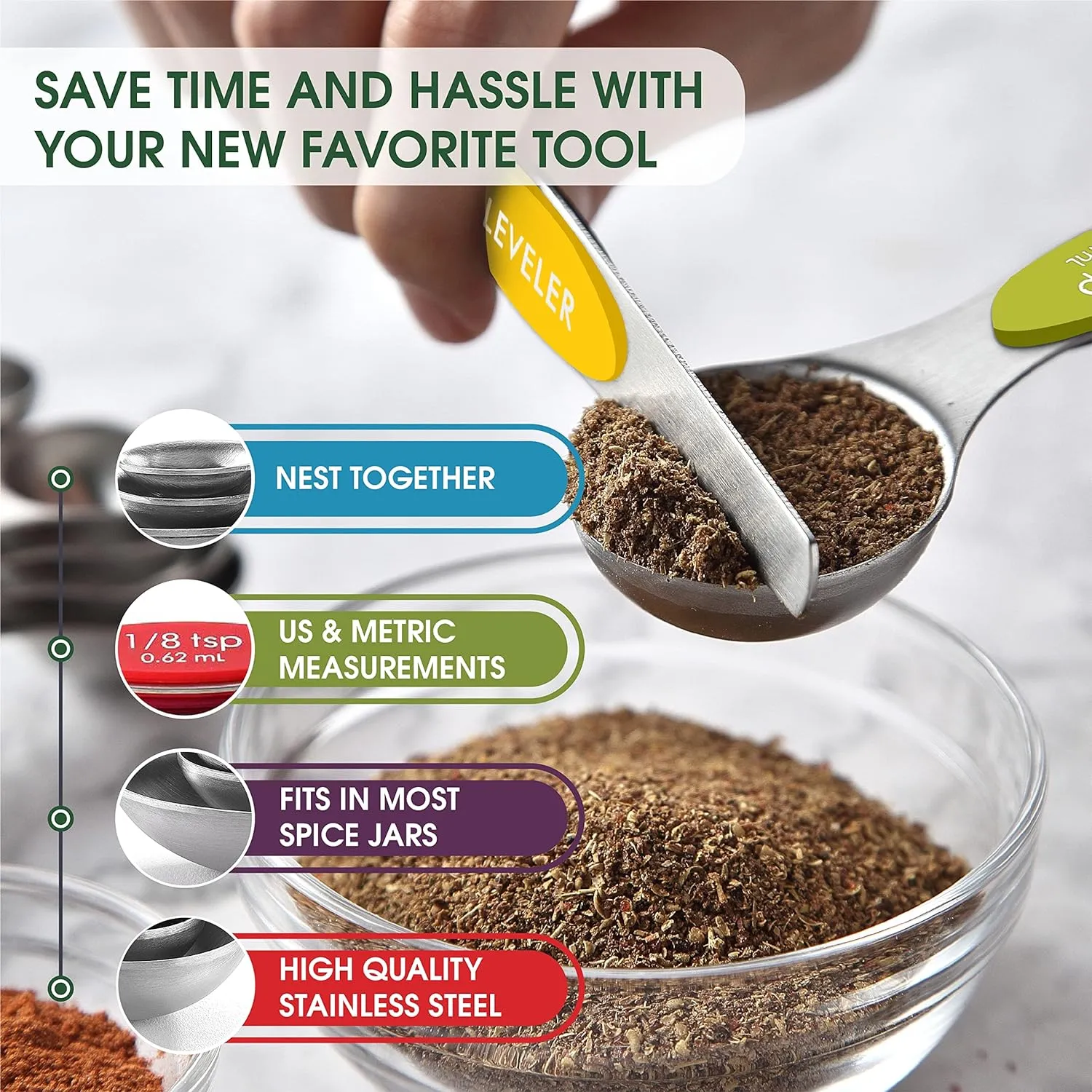 Spring Chef Stainless Steel Magnetic Measuring Spoons Set with Strong Magnets, Heavy Duty Metal Kitchen Gadgets for Baking & Cooking, Fits in Most Kitchen Spice Jars, Multicolor, Set of 8 with Leveler