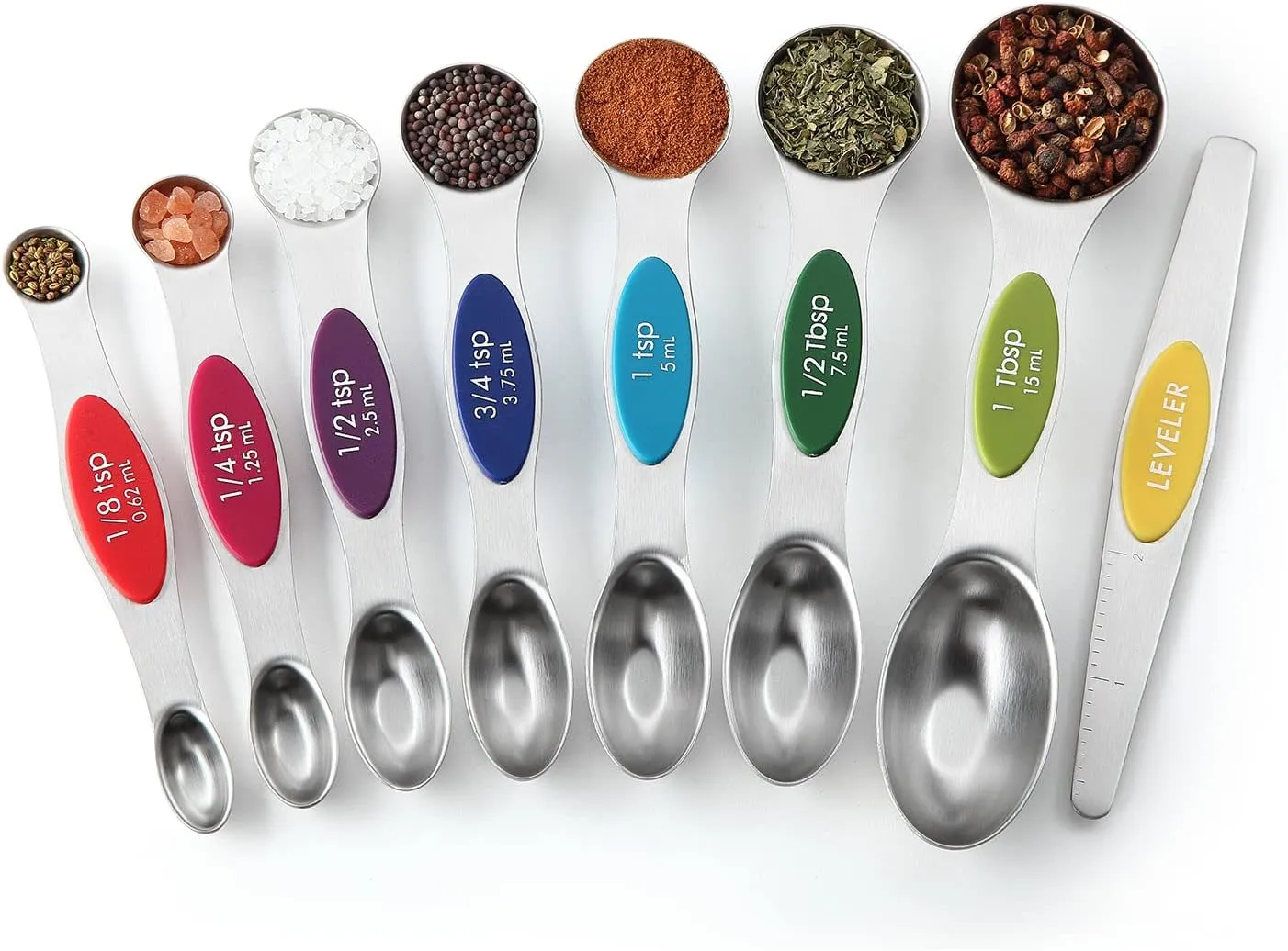 Spring Chef Stainless Steel Magnetic Measuring Spoons Set with Strong Magnets, Heavy Duty Metal Kitchen Gadgets for Baking & Cooking, Fits in Most Kitchen Spice Jars, Multicolor, Set of 8 with Leveler