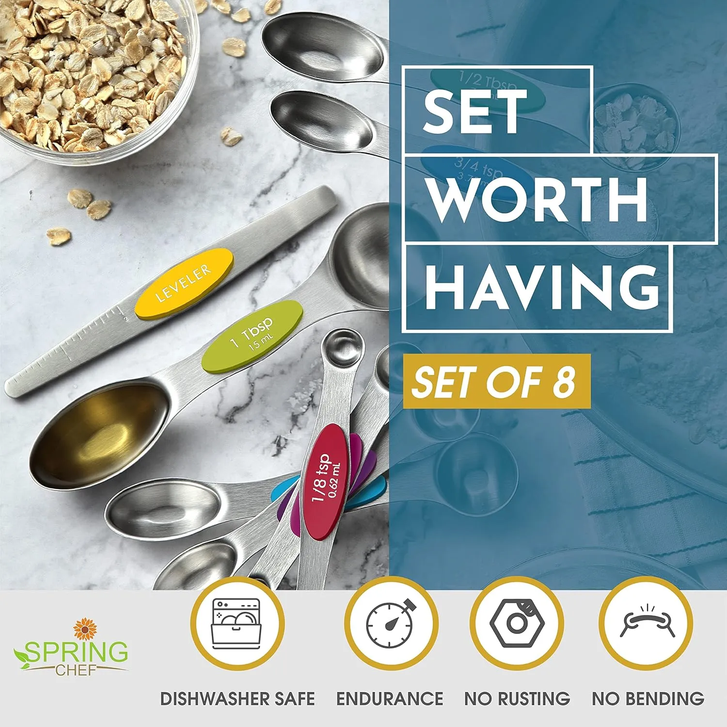 Spring Chef Stainless Steel Magnetic Measuring Spoons Set with Strong Magnets, Heavy Duty Metal Kitchen Gadgets for Baking & Cooking, Fits in Most Kitchen Spice Jars, Multicolor, Set of 8 with Leveler