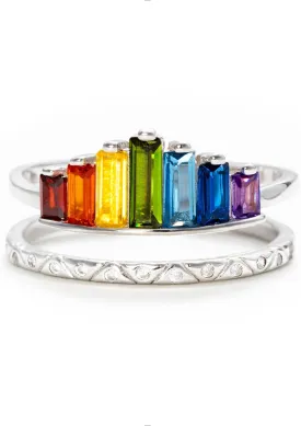 STORYJEWELLERY Rainbow Ring, Colorful Rings for Women, 925 Sterling Silver Adjustable Rings for Women, Double Band Baguette Ring, Womens Gifts