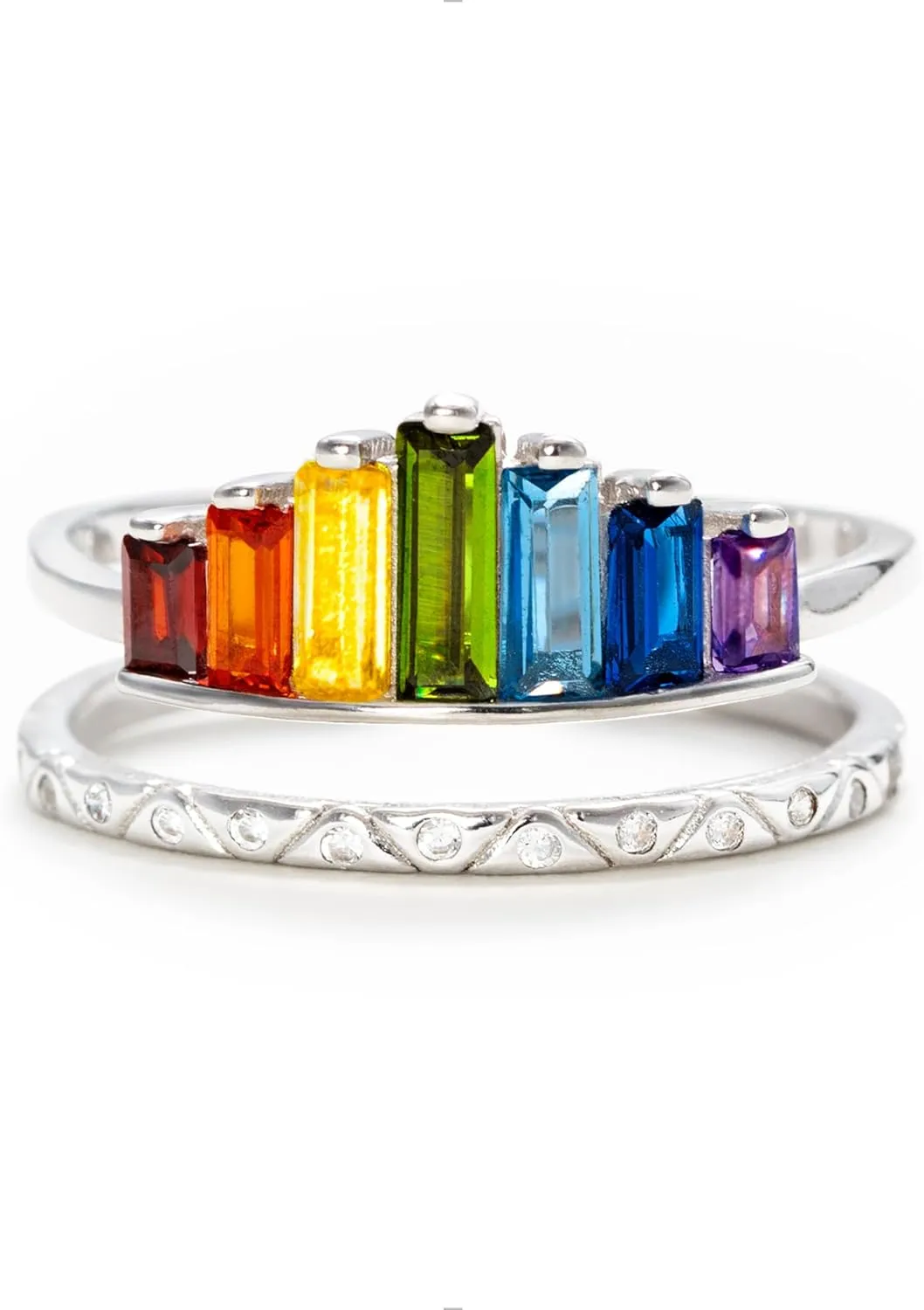 STORYJEWELLERY Rainbow Ring, Colorful Rings for Women, 925 Sterling Silver Adjustable Rings for Women, Double Band Baguette Ring, Womens Gifts