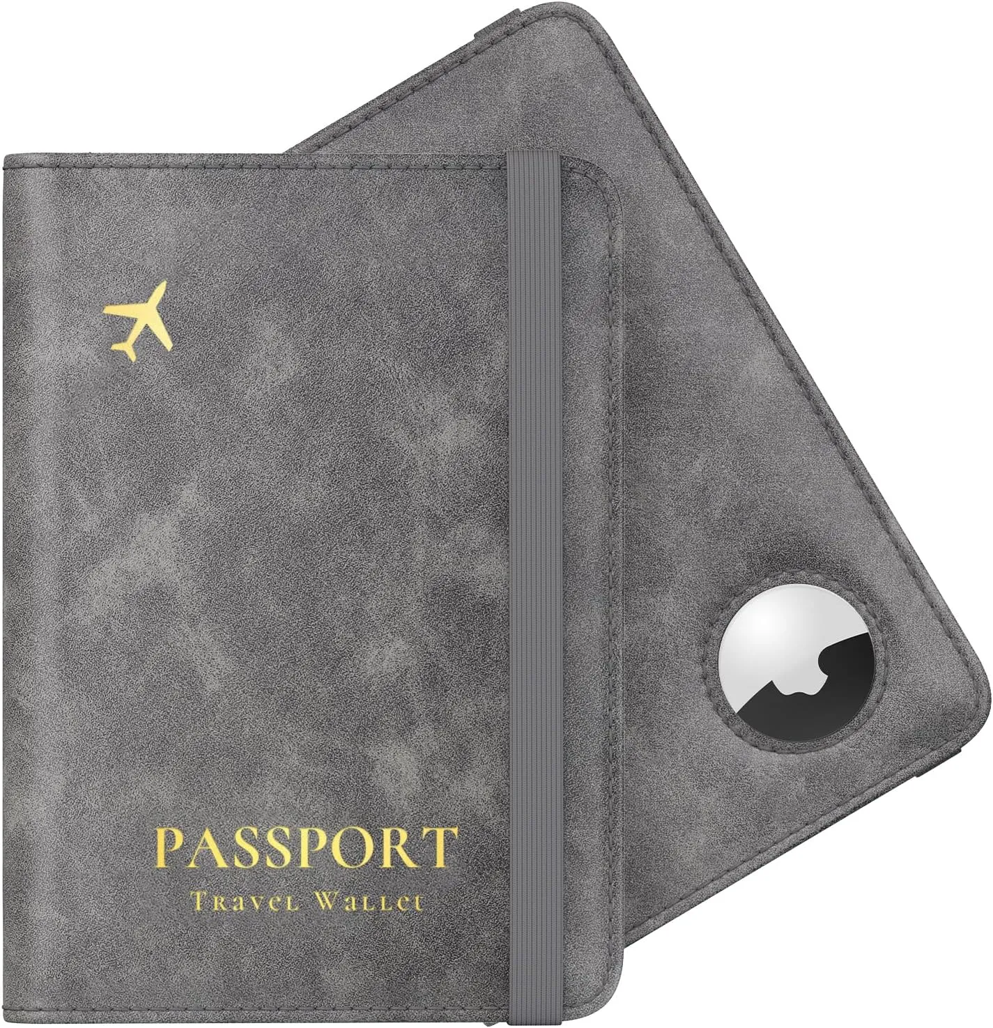 Stouchi AirTag Passport Wallet, Grey, Unisex, Faux Leather, RFID Blocking, Anti-Waterproof