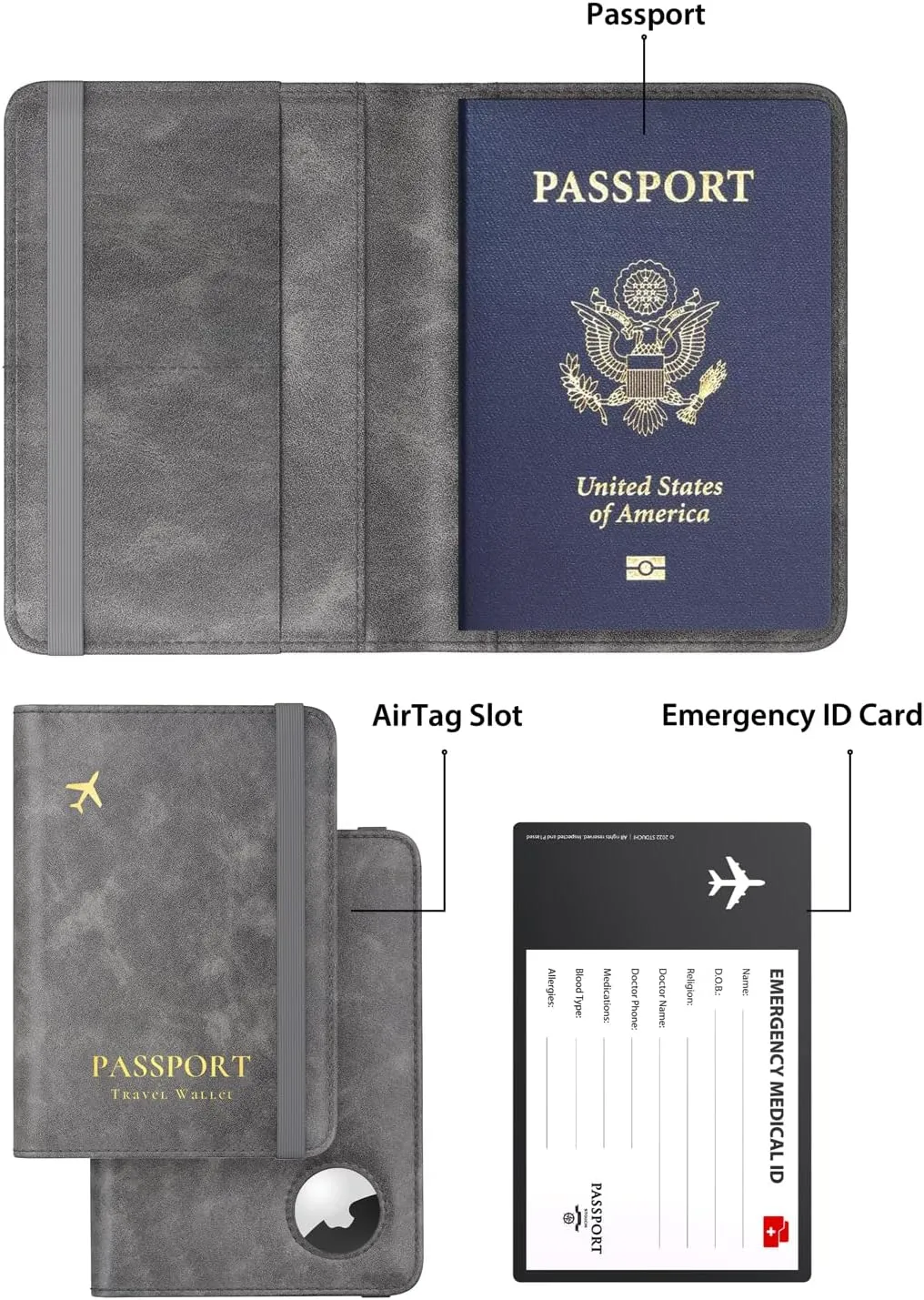 Stouchi AirTag Passport Wallet, Grey, Unisex, Faux Leather, RFID Blocking, Anti-Waterproof