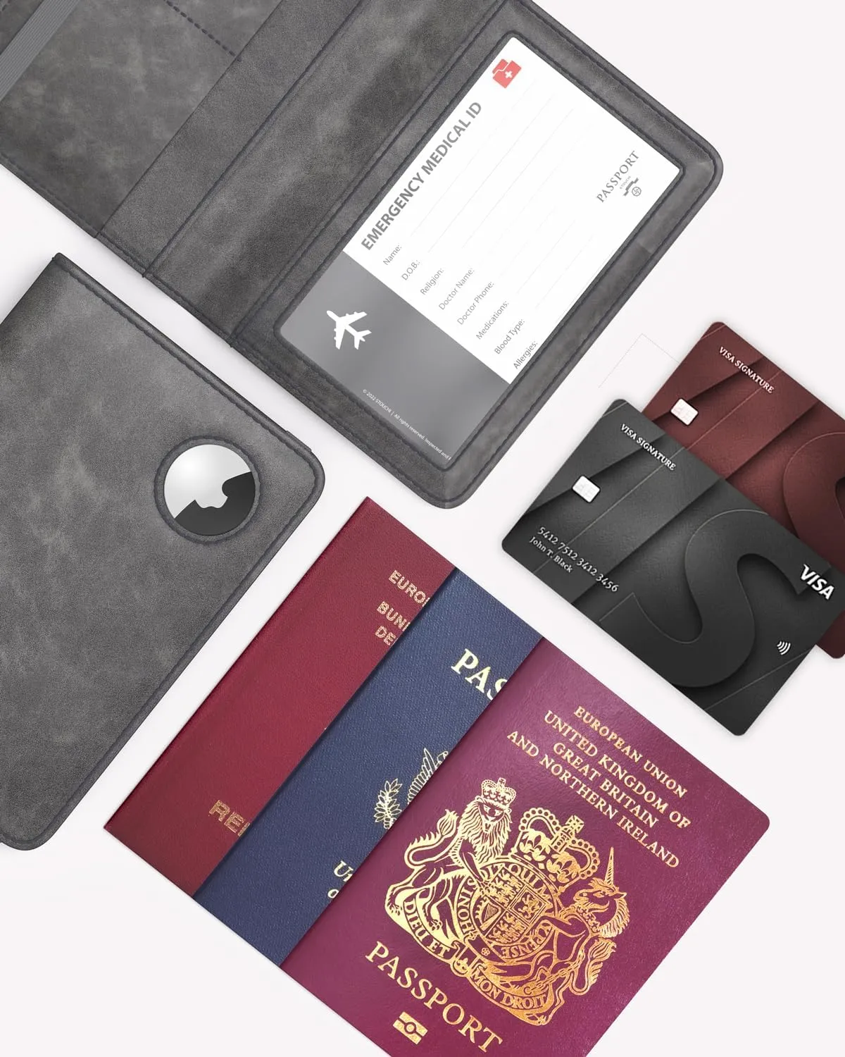 Stouchi AirTag Passport Wallet, Grey, Unisex, Faux Leather, RFID Blocking, Anti-Waterproof
