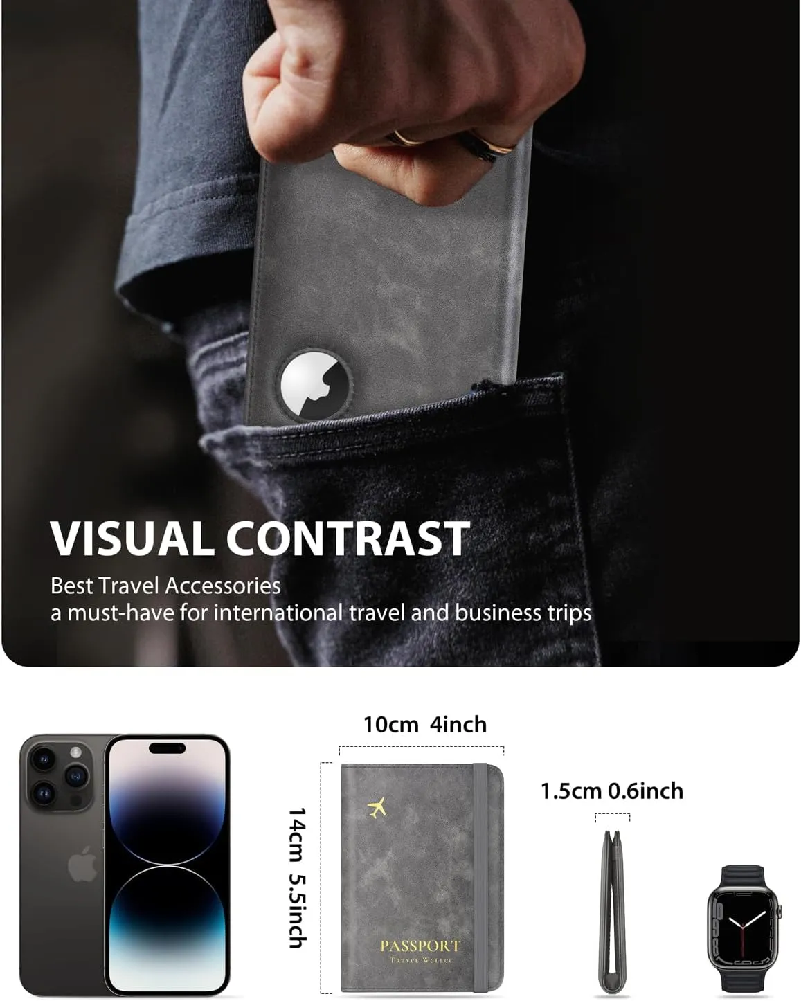 Stouchi AirTag Passport Wallet, Grey, Unisex, Faux Leather, RFID Blocking, Anti-Waterproof