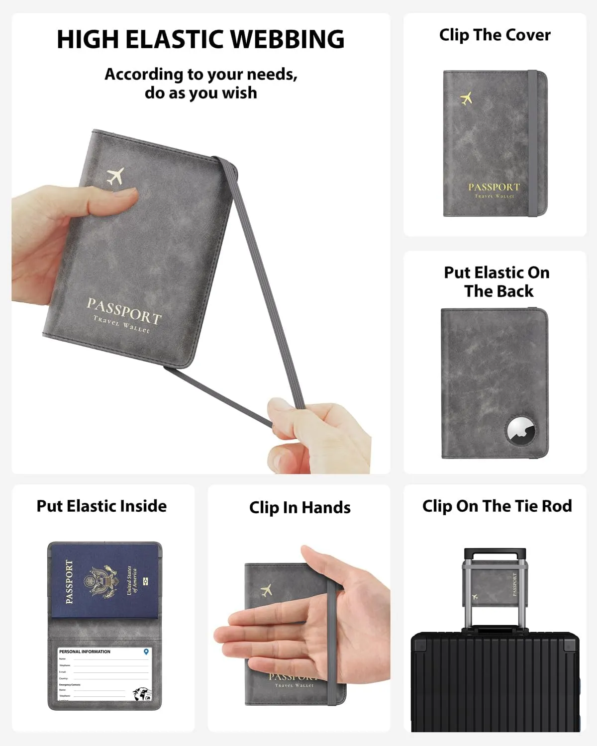 Stouchi AirTag Passport Wallet, Grey, Unisex, Faux Leather, RFID Blocking, Anti-Waterproof