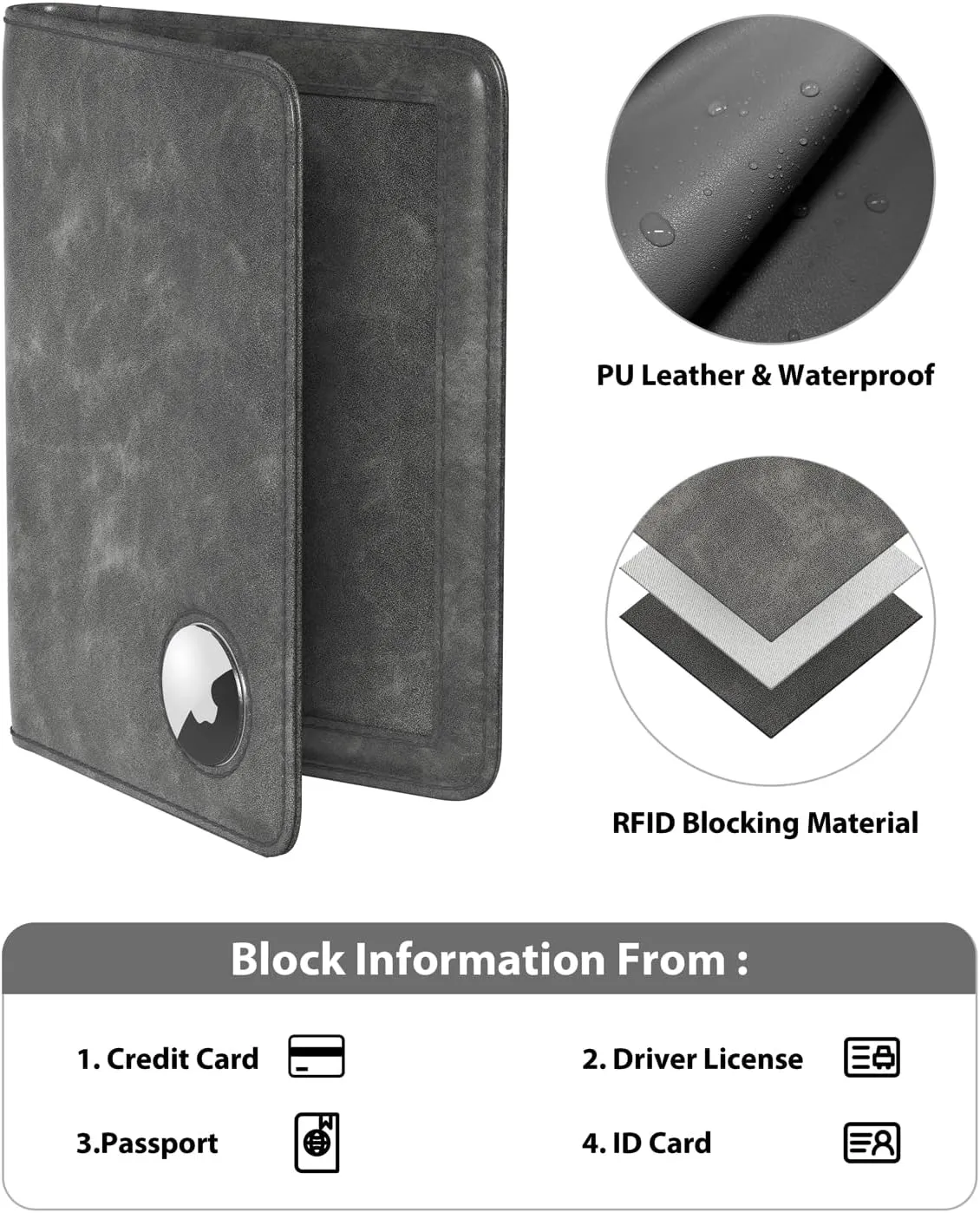 Stouchi AirTag Passport Wallet, Grey, Unisex, Faux Leather, RFID Blocking, Anti-Waterproof