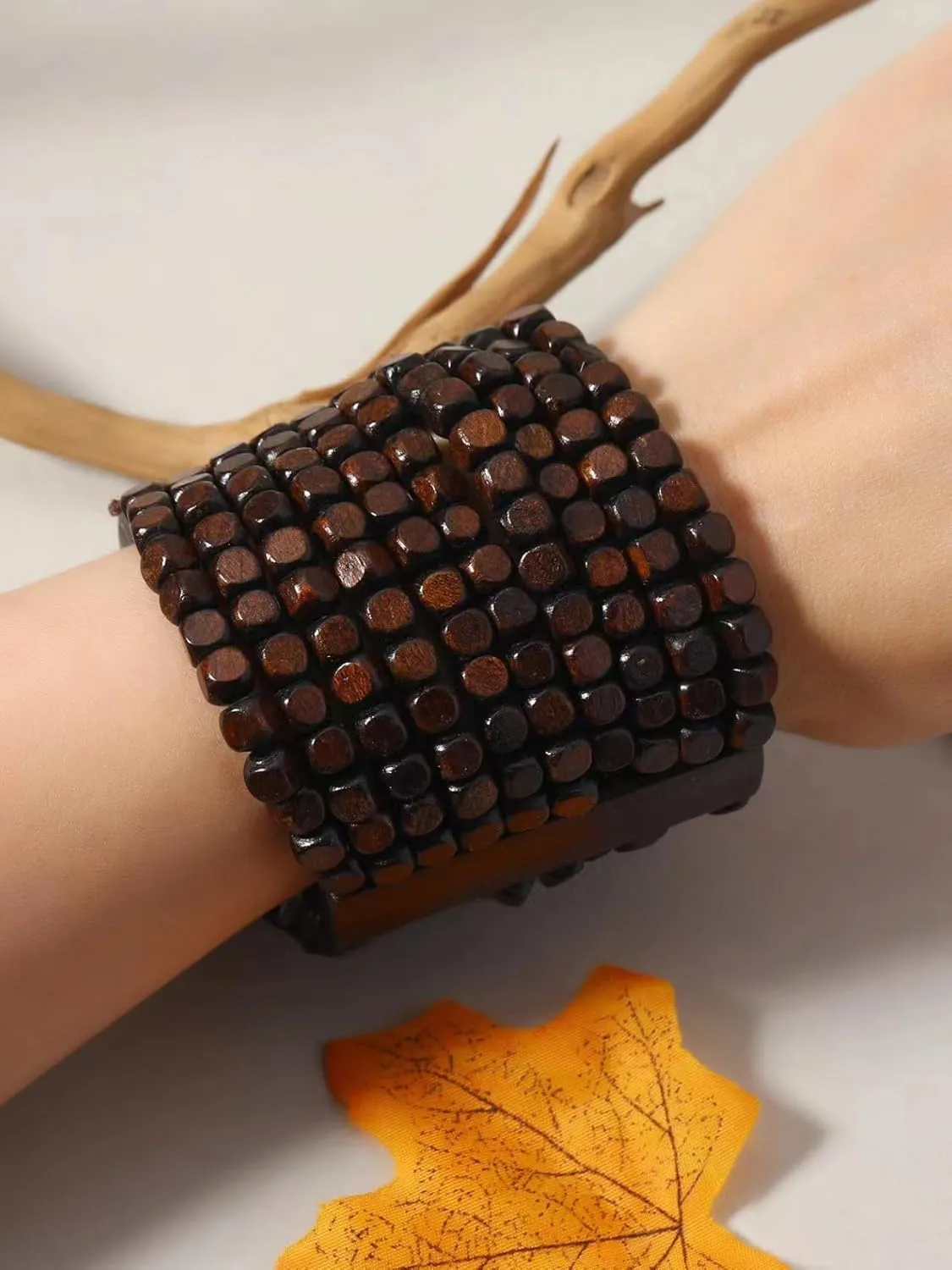 Stretch Wooden Beads Cuff Bracelets Multi Layered Natural Wood Beads Chunky Bangle Wooden Handmade Wide Bracelets Bohemia Jewelry for Women Men
