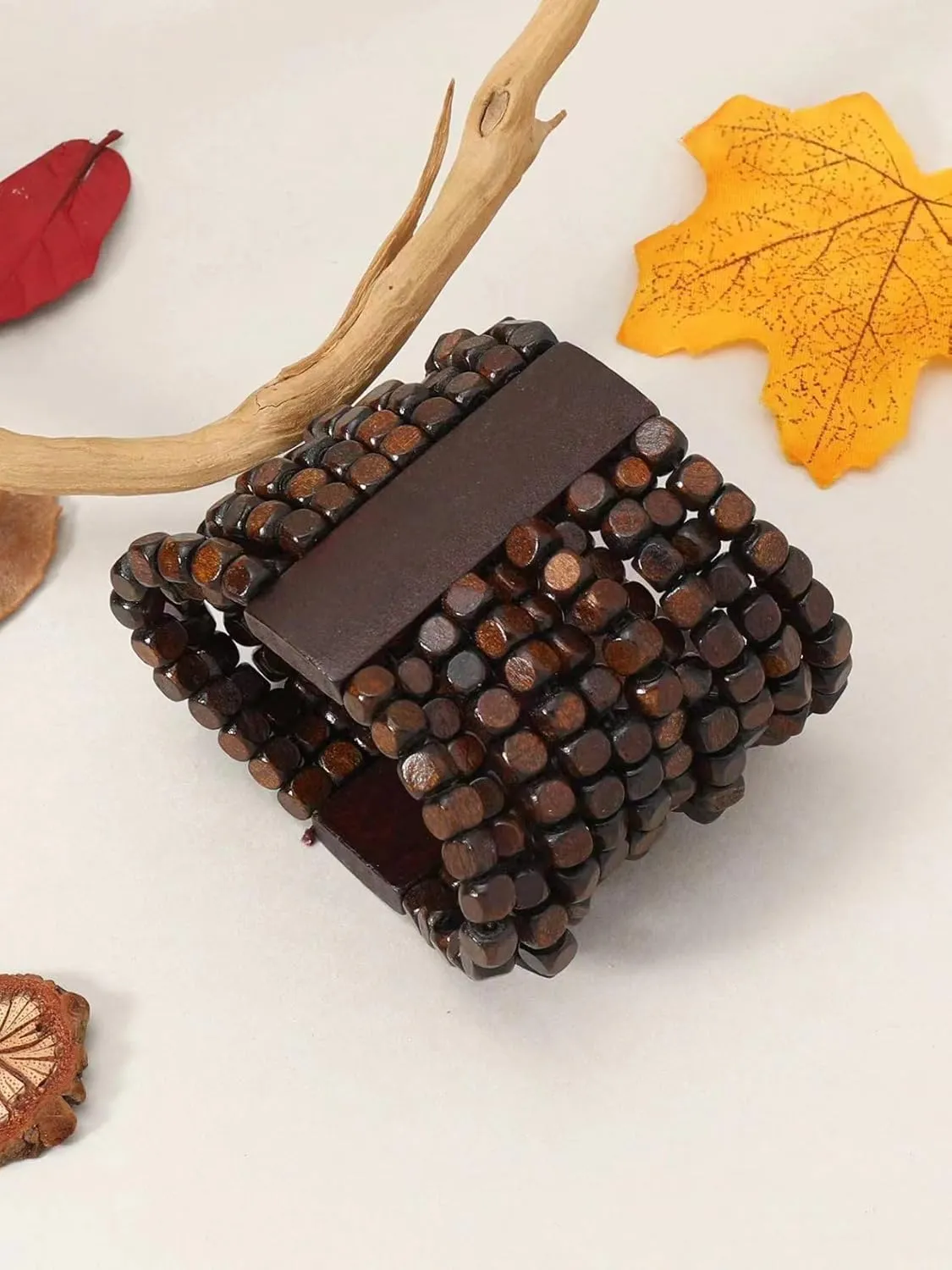 Stretch Wooden Beads Cuff Bracelets Multi Layered Natural Wood Beads Chunky Bangle Wooden Handmade Wide Bracelets Bohemia Jewelry for Women Men