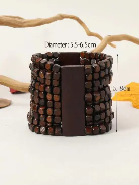 Stretch Wooden Beads Cuff Bracelets Multi Layered Natural Wood Beads Chunky Bangle Wooden Handmade Wide Bracelets Bohemia Jewelry for Women Men