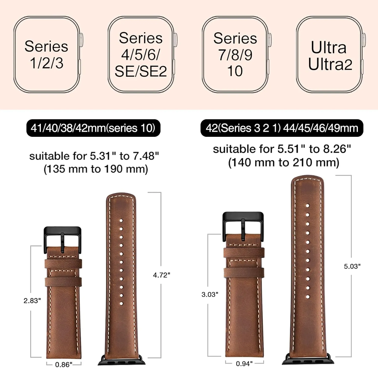 SUNFWR Leather Bands Compatible with Apple Watch Band 42mm(Series 3 2 1) 44mm 45mm 46mm 49mm for Men Women, Top Grain Genuine Leather Replacement Strap for iWatch Ultra 2, Ultra, SE2, SE, Series 10 9 8 7 6 5 4 3 2 1