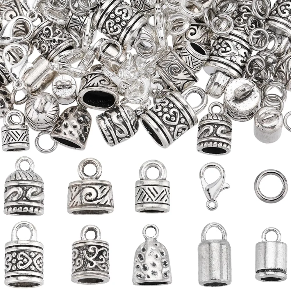 SUNNYCLUE 1 Box 230Pcs Cord End Caps Tibetan Antique Silver Leather Kumihimo Bracelets Supplies Glue in Crimp Tube Barrel End Tip Lobster Clasps Jump Rings Cord Terminator for Jewelry Making Kit