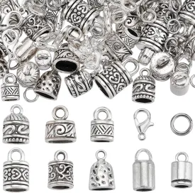 SUNNYCLUE 1 Box 230Pcs Cord End Caps Tibetan Antique Silver Leather Kumihimo Bracelets Supplies Glue in Crimp Tube Barrel End Tip Lobster Clasps Jump Rings Cord Terminator for Jewelry Making Kit