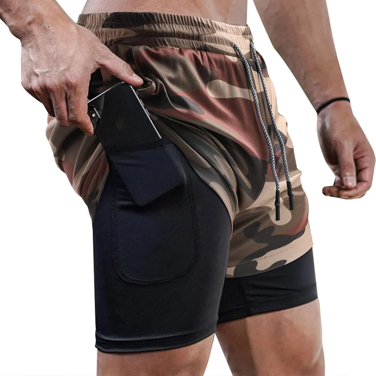 Surenow Men's Running Shorts Quick Dry Workout Gym Shorts Athletic 2-in-1 Stealth Shorts Outdoor Short for Men with Pockets