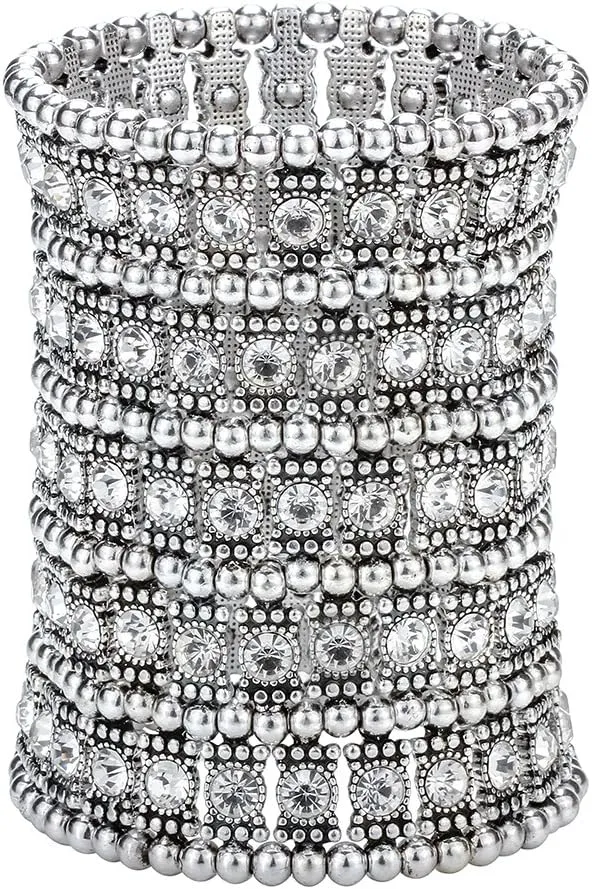 Szxc Womens Ballroom Rhinestone Stretch Cuff Bracelets Fit Wrist Circumference from 6.5" to 7.8" - Lead & Nickle Free