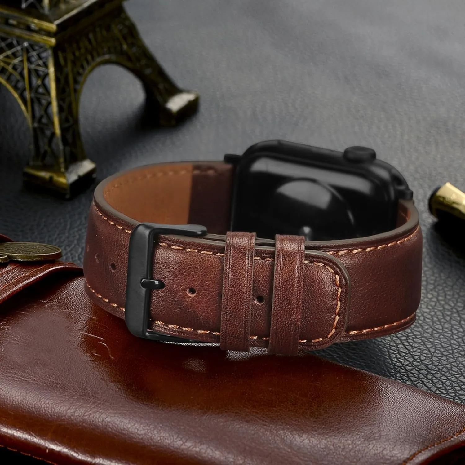 Tasikar Bands Compatible with Apple Watch Band 49mm 46mm 45mm 44mm 42mm Men Genuine Leather Replacement Bands Compatible with Apple Watch Ultra 2 SE Series 10 9 8 7 6 5 4 3 2 1, Retro Brown
