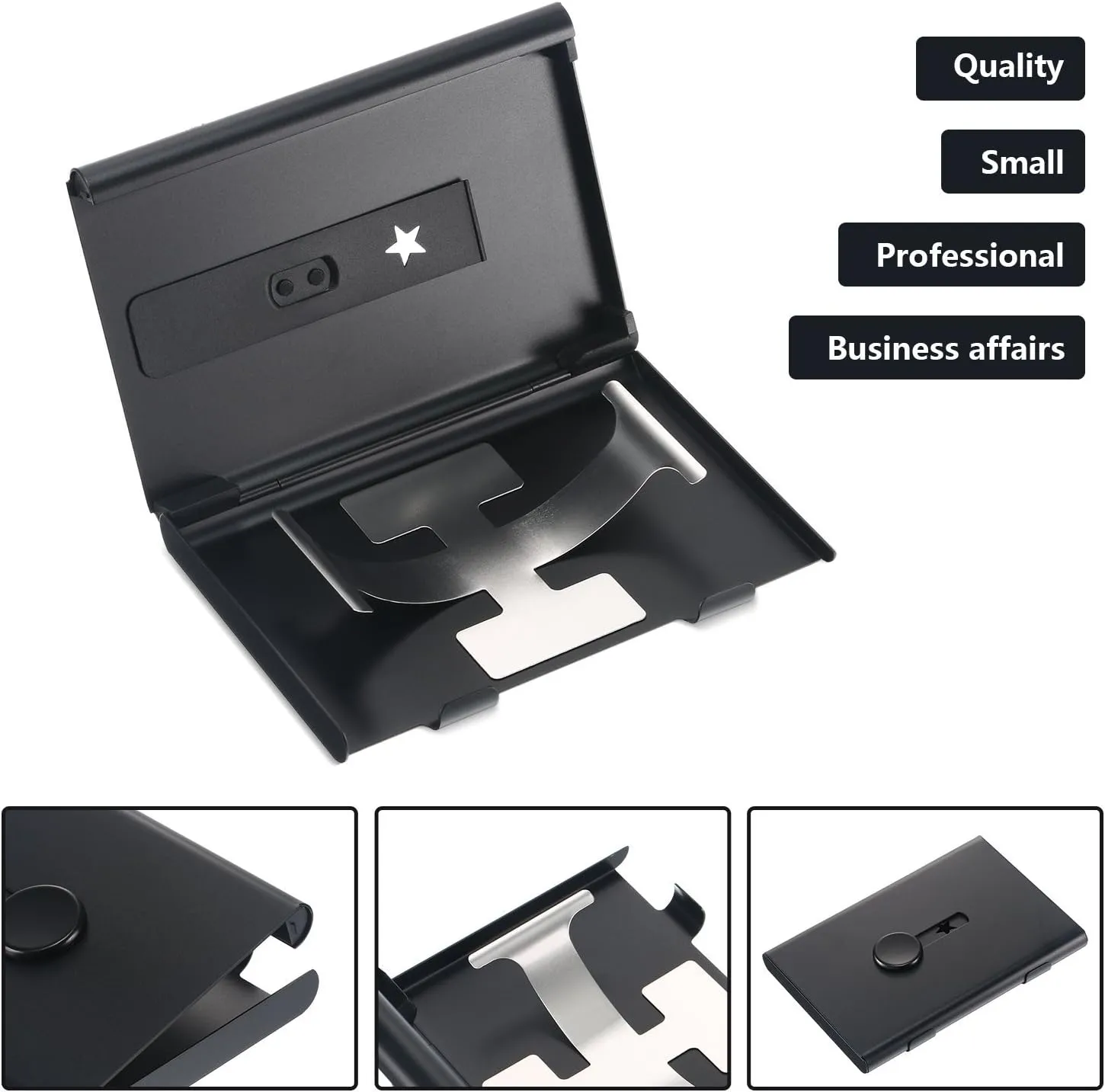 Tatuo 2 Pack Thumb Drive Business Card Holder Stainless Steel Business name Card Case Portable Slide Out name holder Wallet Nice Design pocket for Men and Women(Black/Gray)