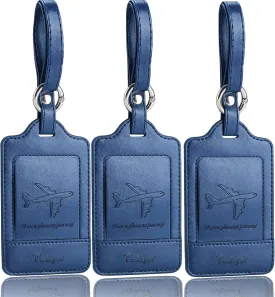 Teskyer Luggage Tags, 3 Pack Premium PU Leather Luggage Tags for Suitcases, Privacy Protection Travel Bag Tags, Blue