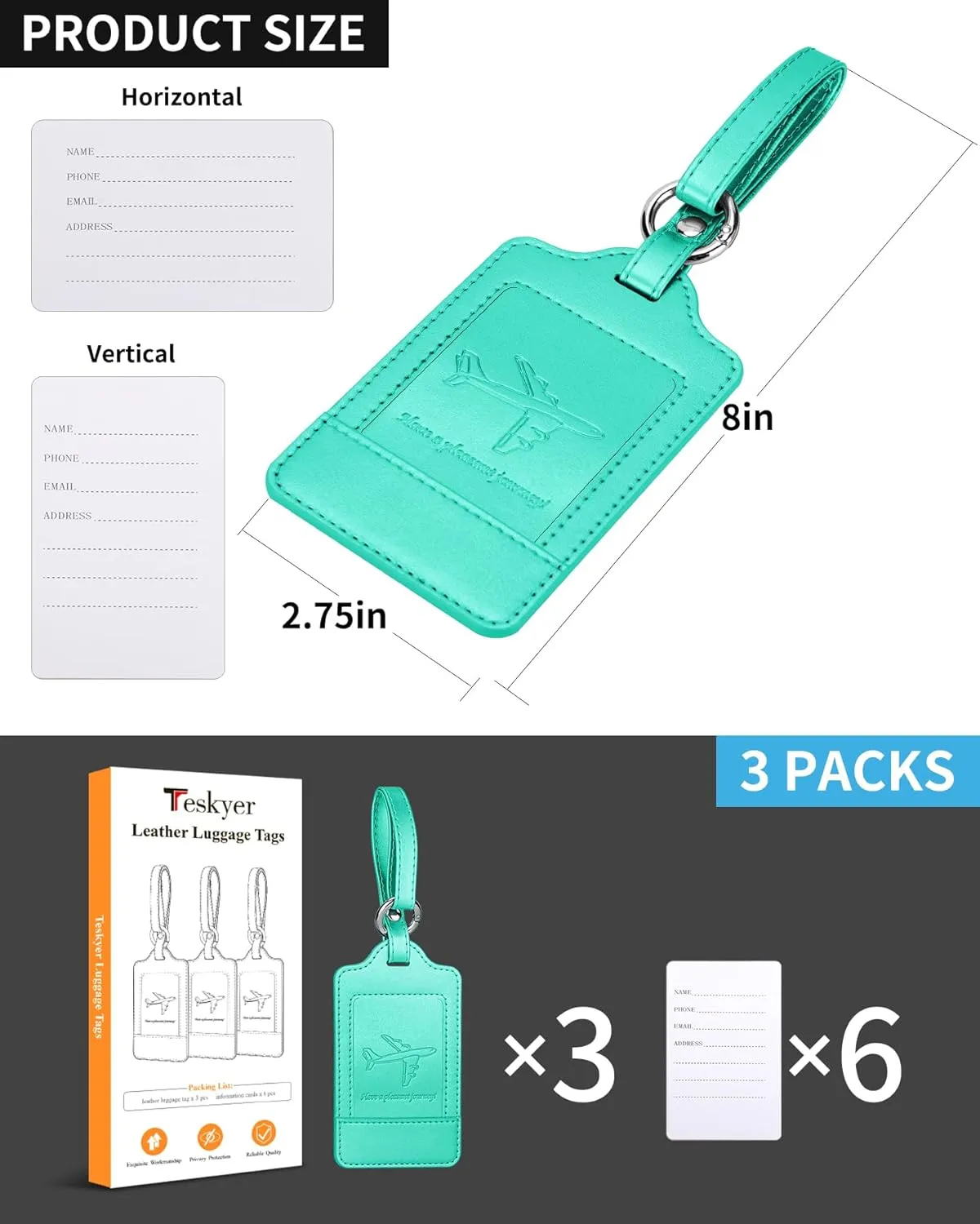Teskyer Luggage Tags, 3 Pack Premium PU Leather Luggage Tags Privacy Protection Travel Bag Labels Suitcase Tags