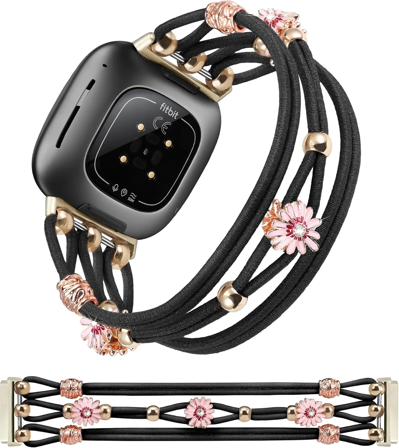 TOYOUTHS Floral Bracelet Compatible with Fitbit Versa 4/Versa 3/Sense 2/Sense Band Women, Boho Beaded Braided Daisy Flower Strap Elastic Stretchy Nylon Cute Fancy Charms Breathable Wristband