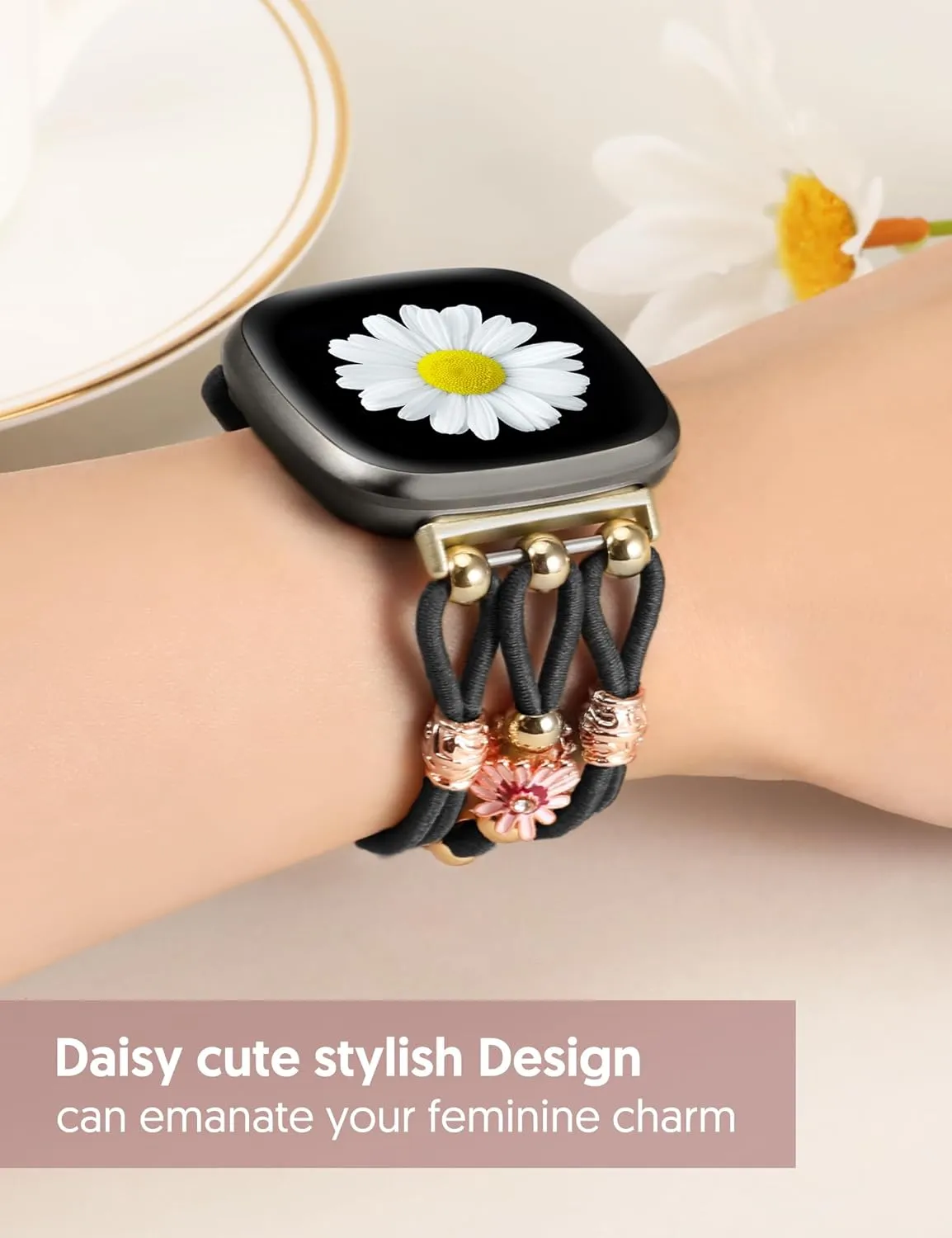 TOYOUTHS Floral Bracelet Compatible with Fitbit Versa 4/Versa 3/Sense 2/Sense Band Women, Boho Beaded Braided Daisy Flower Strap Elastic Stretchy Nylon Cute Fancy Charms Breathable Wristband