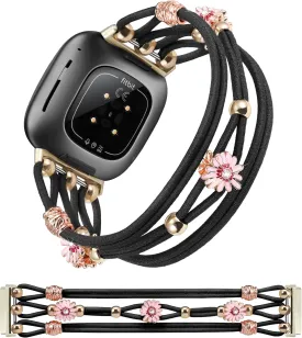 TOYOUTHS Floral Bracelet Compatible with Fitbit Versa 4/Versa 3/Sense 2/Sense Band Women, Boho Beaded Braided Daisy Flower Strap Elastic Stretchy Nylon Cute Fancy Charms Breathable Wristband