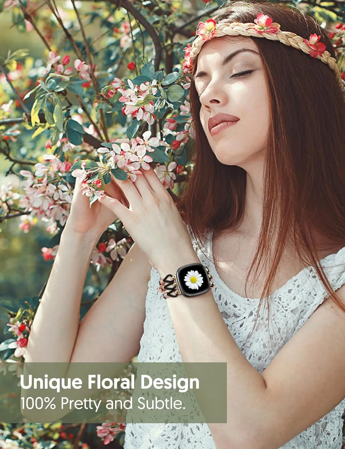 TOYOUTHS Floral Bracelet Compatible with Fitbit Versa 4/Versa 3/Sense 2/Sense Band Women, Boho Beaded Braided Daisy Flower Strap Elastic Stretchy Nylon Cute Fancy Charms Breathable Wristband