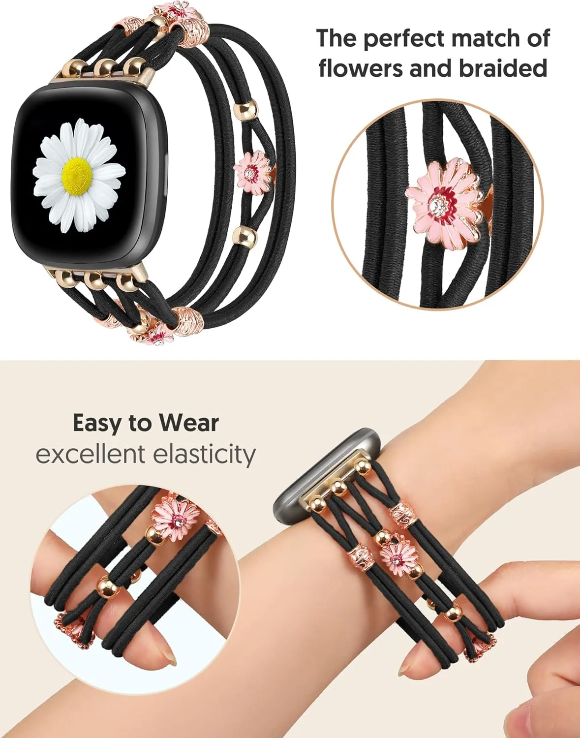 TOYOUTHS Floral Bracelet Compatible with Fitbit Versa 4/Versa 3/Sense 2/Sense Band Women, Boho Beaded Braided Daisy Flower Strap Elastic Stretchy Nylon Cute Fancy Charms Breathable Wristband