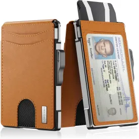 umoven Wallet for Men - Slim Leather RFID Blocking Bifold Minimalist Wallet with Metal Pop-Up Card Holder, Money Clip, Credit Card Slots - Men's Wallet, Brown
