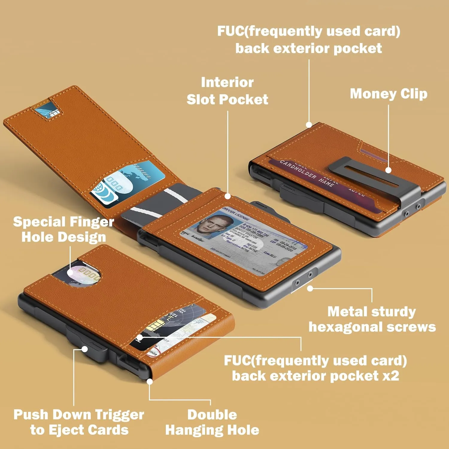 umoven Wallet for Men - Slim Leather RFID Blocking Bifold Minimalist Wallet with Metal Pop-Up Card Holder, Money Clip, Credit Card Slots - Men's Wallet, Brown