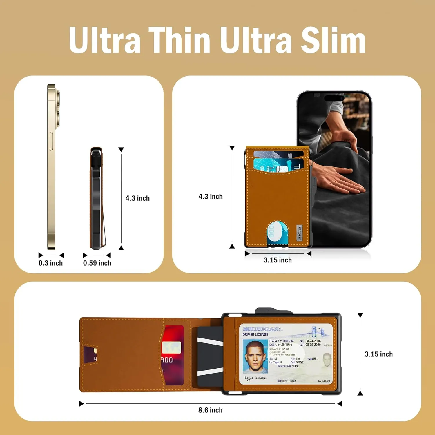 umoven Wallet for Men - Slim Leather RFID Blocking Bifold Minimalist Wallet with Metal Pop-Up Card Holder, Money Clip, Credit Card Slots - Men's Wallet, Brown