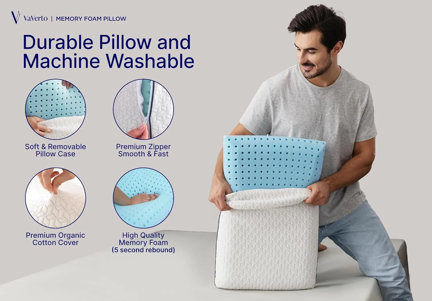 Vaverto Gel Memory Foam Pillow - Standard Size, 2 Pack, Firm Pillow for Neck and Shoulder Support, Orthopedic, Firm, Cooling, Contoured Memory Foam Pillows for Back, Side, Stomach Sleepers, Set of 2