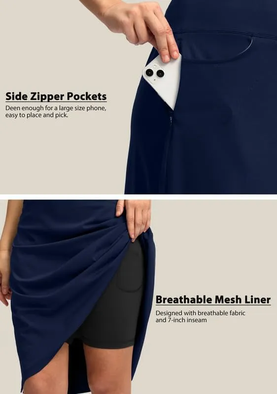 Viodia 25" Knee Length Skorts Skirts for Women with Zipper Pockets Stretchy Modest Aline Midi Skort for Casual Summer Travel