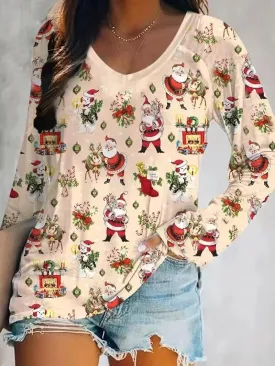 VKEGNIO Christmas Snowman Print Shirt for Women Cute Xmas Tree Santa Print Long Sleeve Tshirts Casual V Neck Fall Shirts Tops