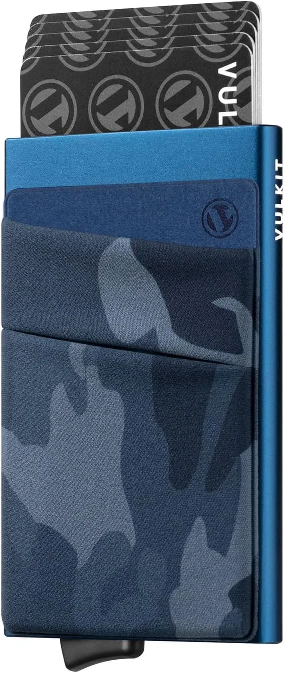 VULKIT Card Holder with Money Pocket Pop Up Wallet RFID Blocking Slim Metal Bank Card Case Holds 5 Cards and Notes(Camouflage Blue)
