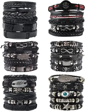 WAINIS 6 Pack Mens Black Leather Bracelets Set for Men Stackable Braided Cuff Bracelet Tribal Punk Rock Handmade Wristband