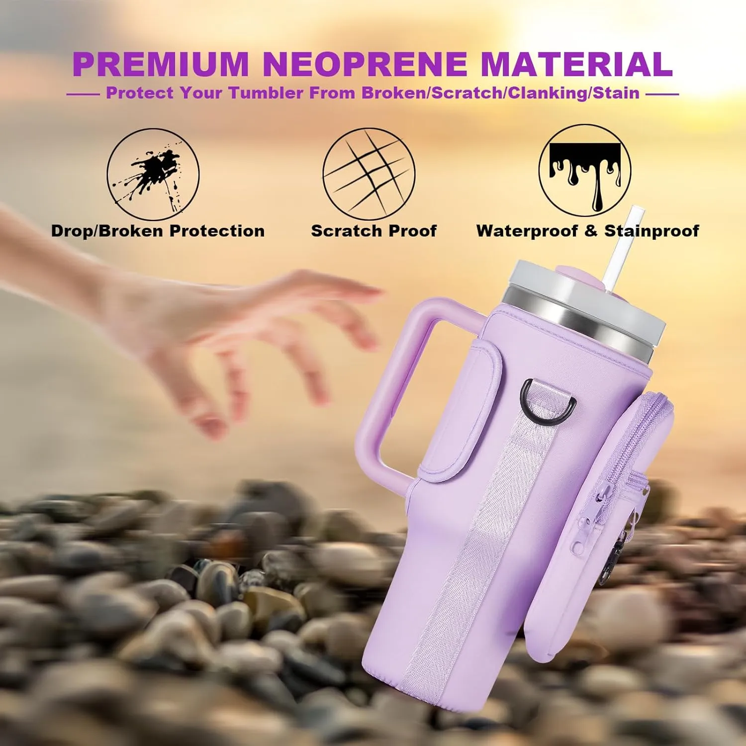 Water Bottle Carrier Bag with Phone Pocket for Stanley 40 & 30 oz Tumbler with Handle,Pink Insulated Neoprene Cup Holder Pouch w/Adjustable Strap for Quencher H2.0 Stanley Cup Accessories