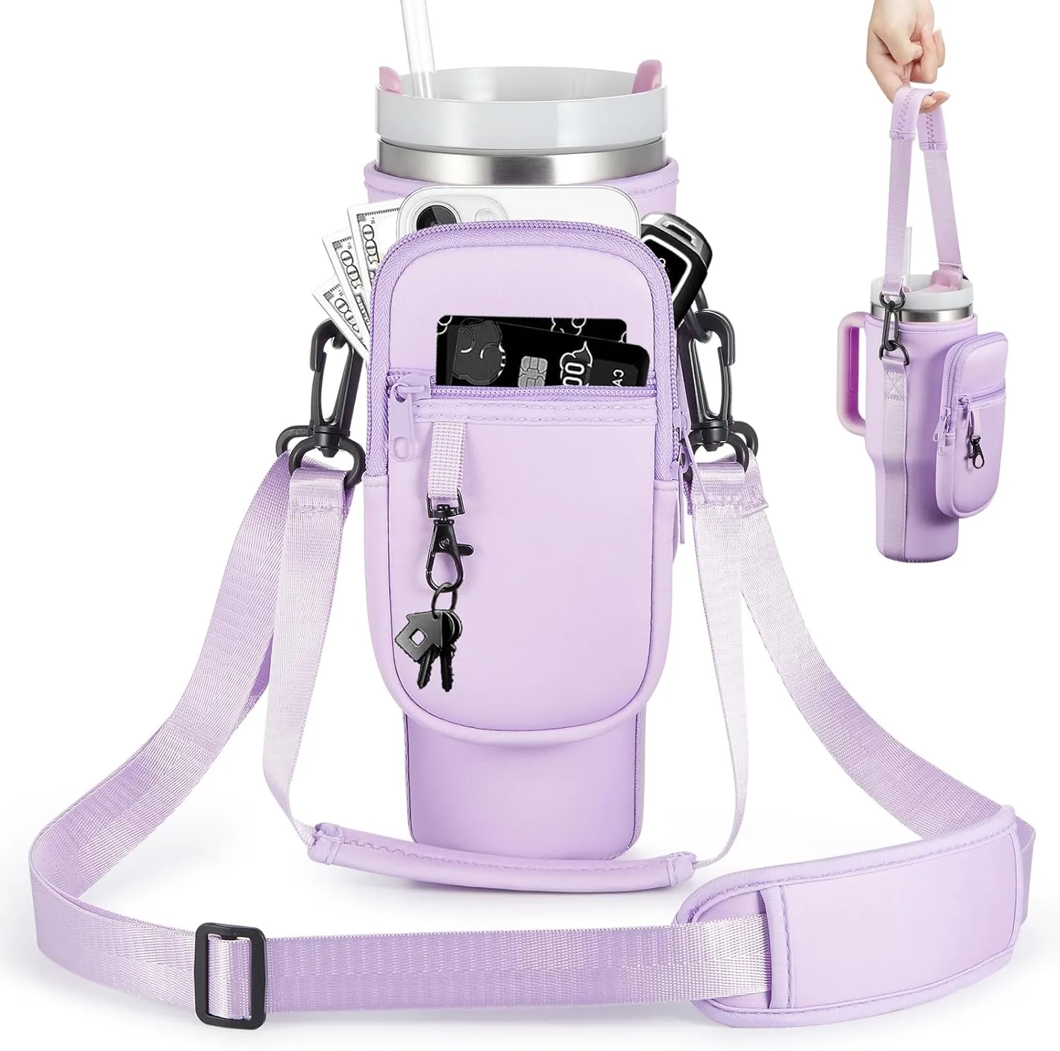 Water Bottle Carrier Bag with Phone Pocket for Stanley 40 & 30 oz Tumbler with Handle,Pink Insulated Neoprene Cup Holder Pouch w/Adjustable Strap for Quencher H2.0 Stanley Cup Accessories