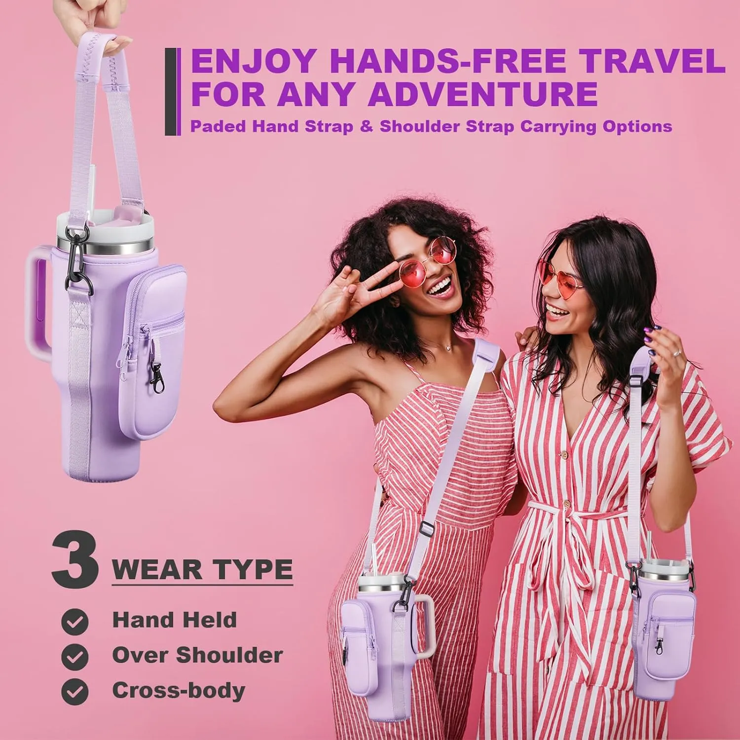 Water Bottle Carrier Bag with Phone Pocket for Stanley 40 & 30 oz Tumbler with Handle,Pink Insulated Neoprene Cup Holder Pouch w/Adjustable Strap for Quencher H2.0 Stanley Cup Accessories