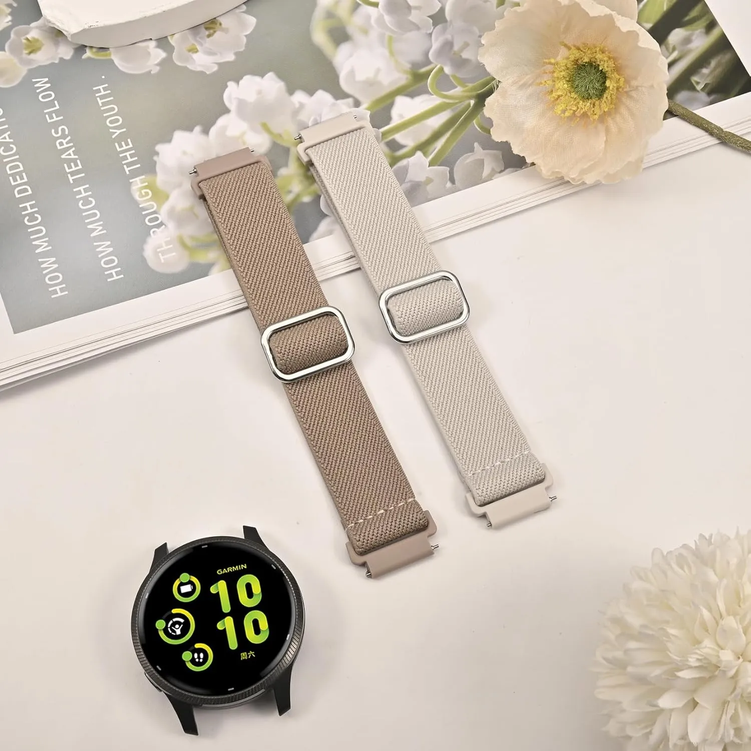Water-Resistant Elastic Nylon Strap Compatible with Garmin Vivoactive 5/Vivoactive 3/6 Watch Bands, 2 Pack 20mm Quick Release Breathable Wristband for Venu/Venu Sq/Forerunner 55/165/245/645