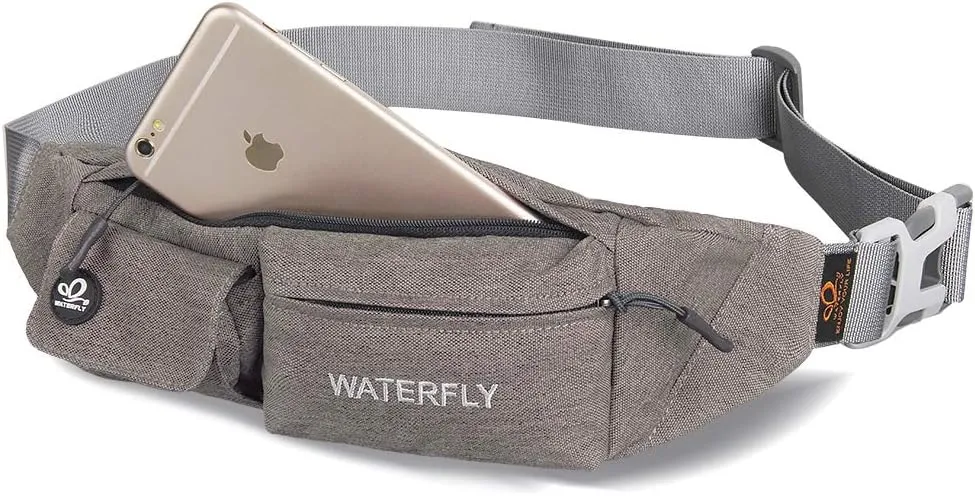 WATERFLY Fanny Pack for Women Men Water Resistant Small Waist Pouch Slim Belt Bag with 4 Pockets for Running Travelling Hiking Walking Lightweight Crossbody Chest Bag Fit All Phones