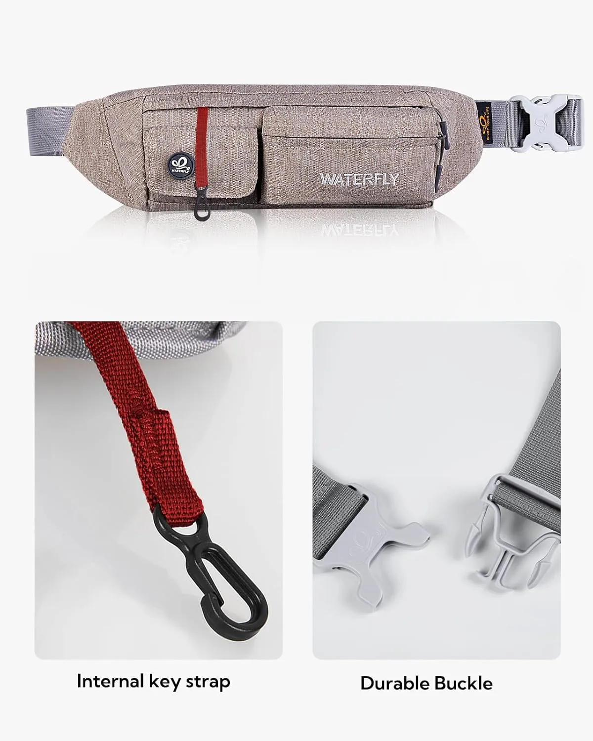 WATERFLY Fanny Pack for Women Men Water Resistant Small Waist Pouch Slim Belt Bag with 4 Pockets for Running Travelling Hiking Walking Lightweight Crossbody Chest Bag Fit All Phones