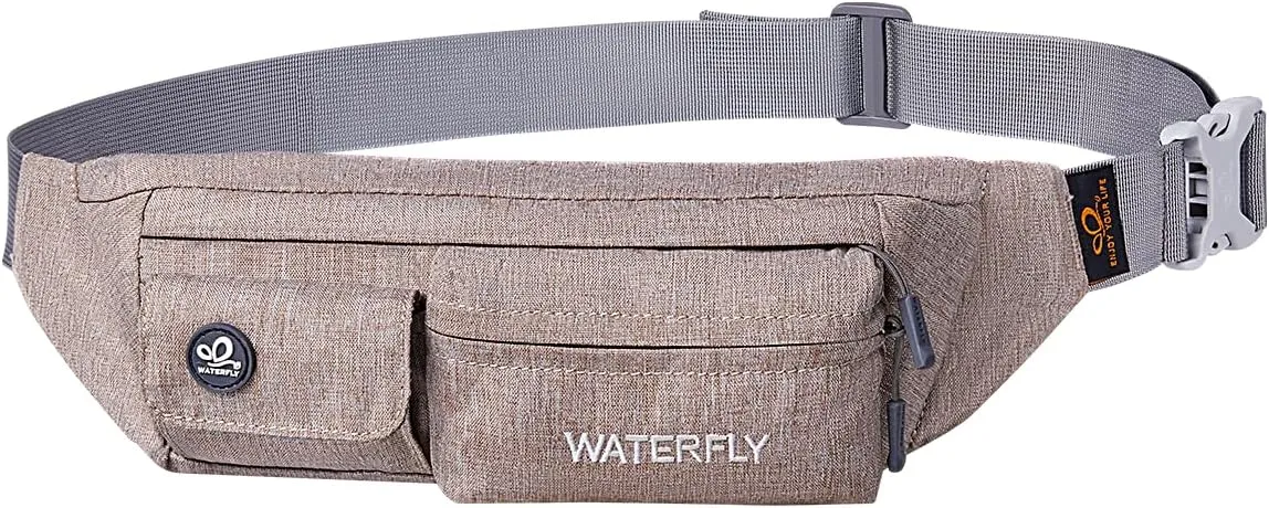 WATERFLY Fanny Pack for Women Men Water Resistant Small Waist Pouch Slim Belt Bag with 4 Pockets for Running Travelling Hiking Walking Lightweight Crossbody Chest Bag Fit All Phones